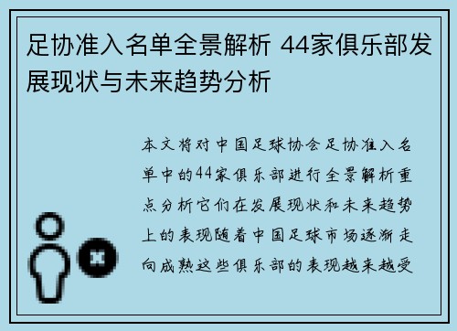 足协准入名单全景解析 44家俱乐部发展现状与未来趋势分析